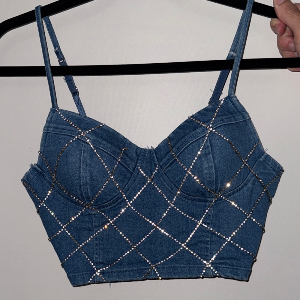 Blue Rhinestone Embellished Women's Top
